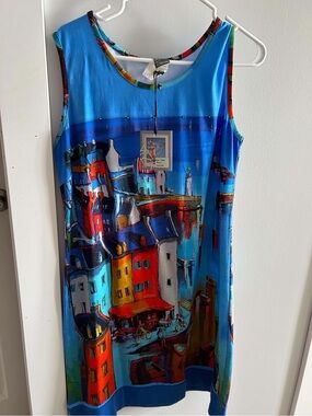 Sleeveless Blue Coastal Print Casual Shift Dress